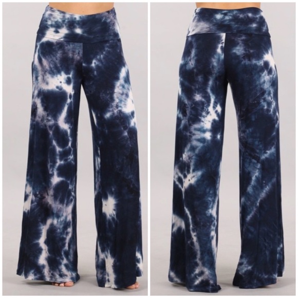 Pants - SOLD OUT Bohemian Navy Tie Dye Foldover High Waist Wide Leg Palazzo Lounge